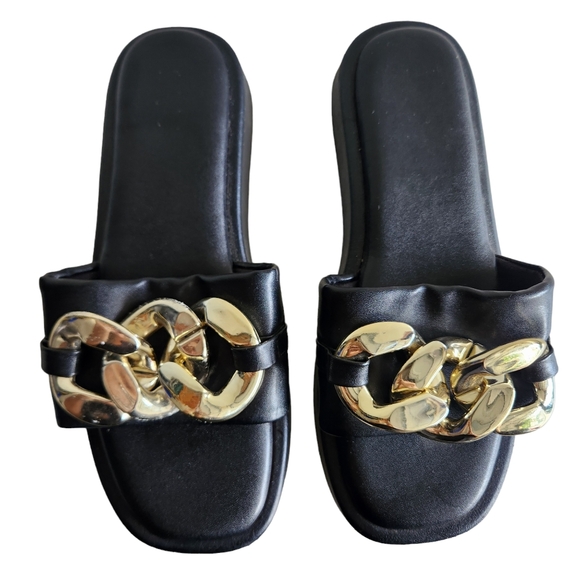 Black Chunky Chain Flat Sandal Slip On Slides Size 10 - Picture 4 of 12